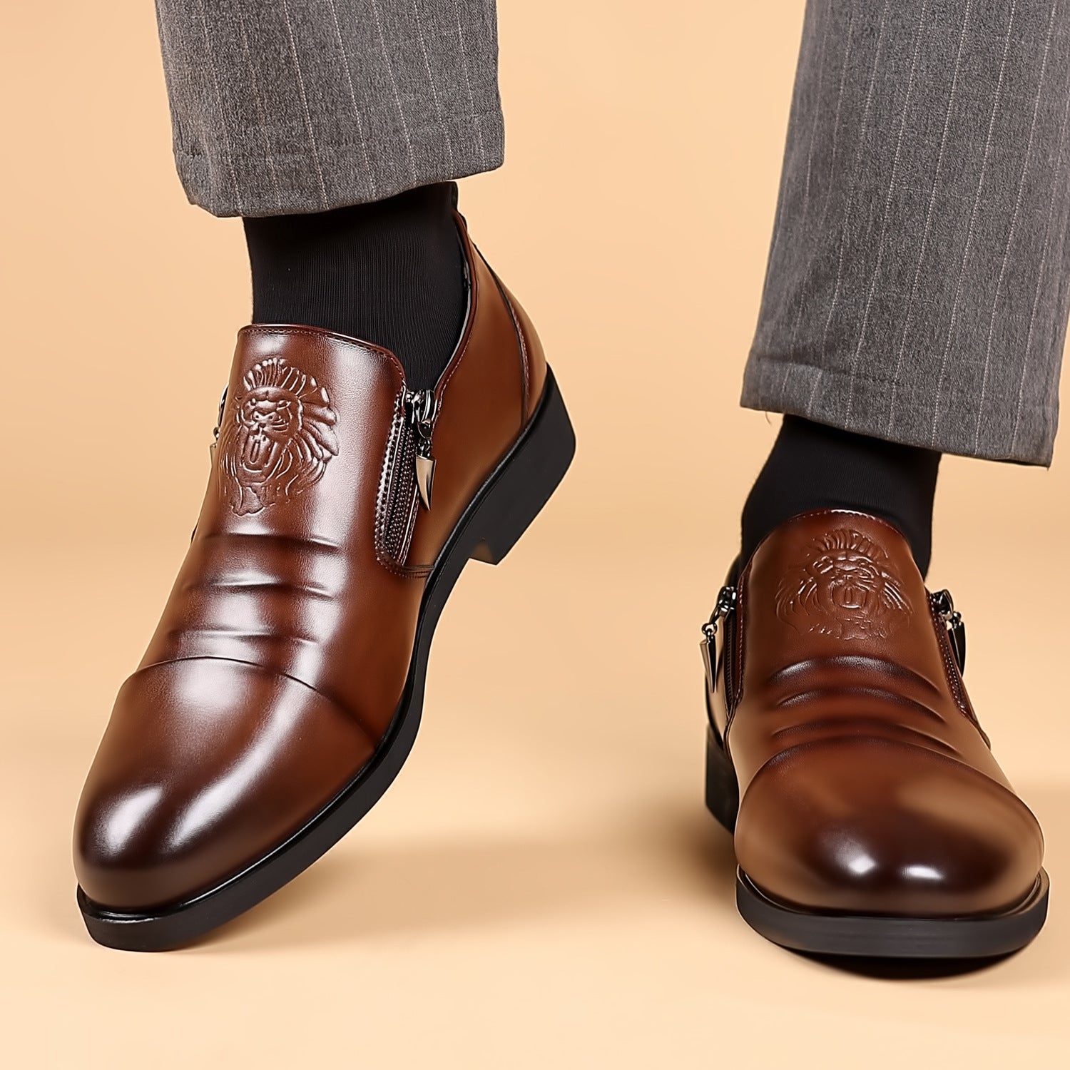 Italian Hand-embossed Zipper Leather Short Boots